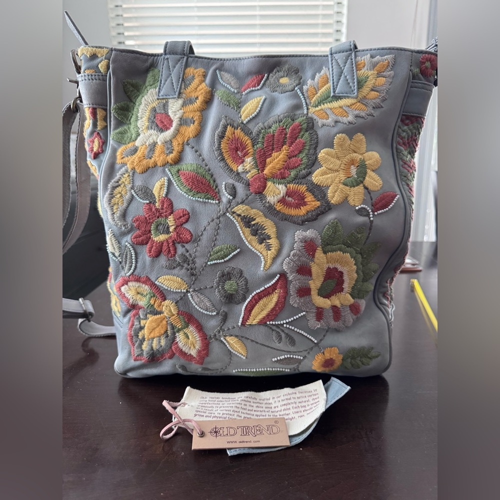 Gray and Red Floral Embroidered Bag